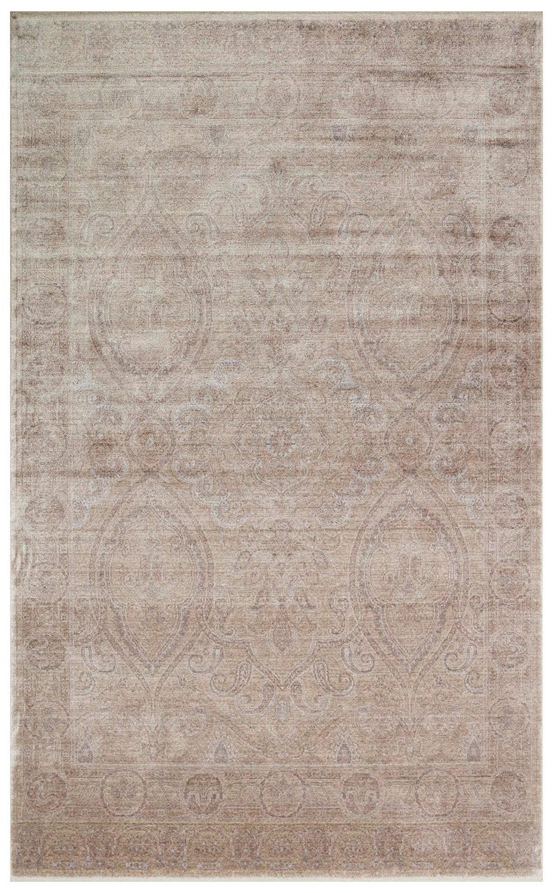 May include: A rectangular area rug featuring a faded, distressed beige and taupe color palette. The design displays an intricate, symmetrical pattern of large central medallions surrounded by ornate floral and paisley motifs throughout the surface.