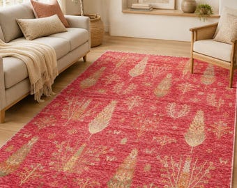 Red Tencel Floral Ushak Area Rug, Vintage Botanical Boho Home Decor