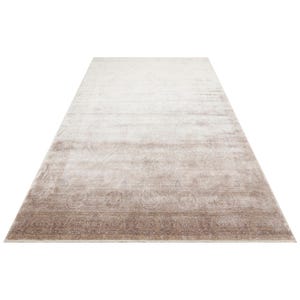 May include: A rectangular area rug featuring a gradient color transition from a light cream at the top to a deep taupe brown at the bottom. The rug displays a faded, intricate medallion and border pattern throughout its surface texture.