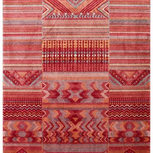 May include: A rectangular area rug featuring a vibrant palette of red, orange, and pink tones. The design consists of repeating horizontal bands with intricate geometric patterns, including chevrons, zigzags, and small squares, with fringe.