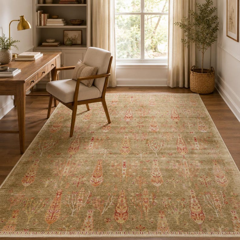Red Tencel Ushak Area Rug, Traditional Boho Woven Carpet image 2