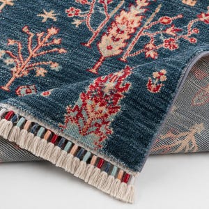 Blue Tencel Turkish Ushak Rug, Floral Boho Living Room Carpet image 8