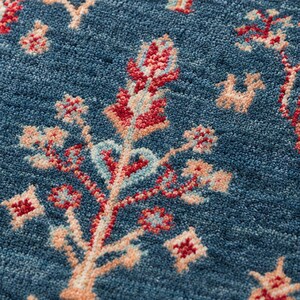 May include: A deep blue rug featuring a repeating pattern of stylized floral motifs in shades of red, light pink, and pale blue. The surface has a dense, tufted texture with visible loops, creating a soft and tactile appearance across the fabric.