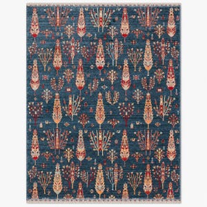Blue Tencel Turkish Ushak Rug, Floral Boho Living Room Carpet image 10