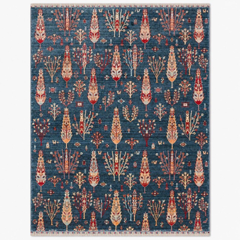 Blue Tencel Turkish Ushak Rug, Floral Boho Living Room Carpet image 10