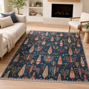 Blue Tencel Turkish Ushak Rug, Floral Boho Living Room Carpet image 3