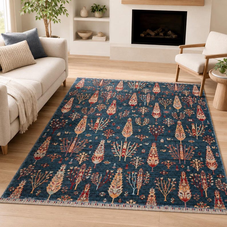 Blue Tencel Turkish Ushak Rug, Floral Boho Living Room Carpet image 3