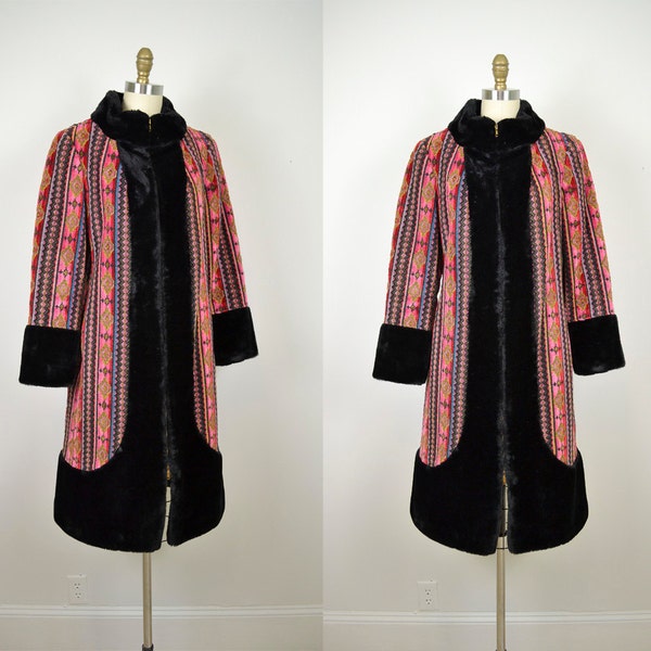 Vintage Tapestry coat / 1960s Faux Fur Coat / 60s Kilim Coat