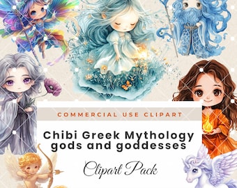 May include: A set of 44 digital clipart images featuring chibi-style illustrations of Greek gods and goddesses. The images are in a watercolor style and have transparent backgrounds. The clipart pack includes images of Eros, Poseidon, Iris, Hestia, and more.