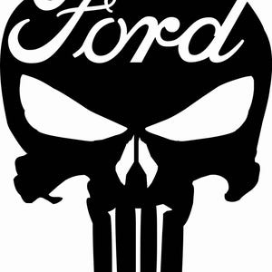 Könnte beinhalten: Schwarz-weiße Grafik eines Schädels mit dem Wort "Ford" in einer stilisierten Schriftart. Das Schädeldesign weist große Augenhöhlen und vertikale Linien für die Zähne auf. Das Design ist kühn und auffällig.