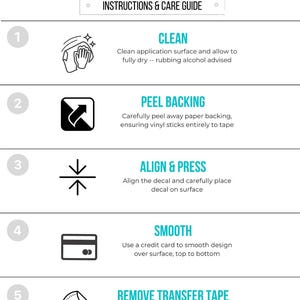 May include: A five-step guide for applying decals, with illustrations and instructions for cleaning the surface, peeling the backing, aligning and pressing the decal, smoothing the decal, and removing the transfer tape. The text includes the phrase "the momma llama".