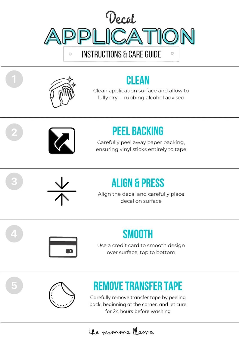 May include: A five-step guide for applying decals, with illustrations and instructions for cleaning the surface, peeling the backing, aligning and pressing the decal, smoothing the decal, and removing the transfer tape. The text includes the phrase "the momma llama".