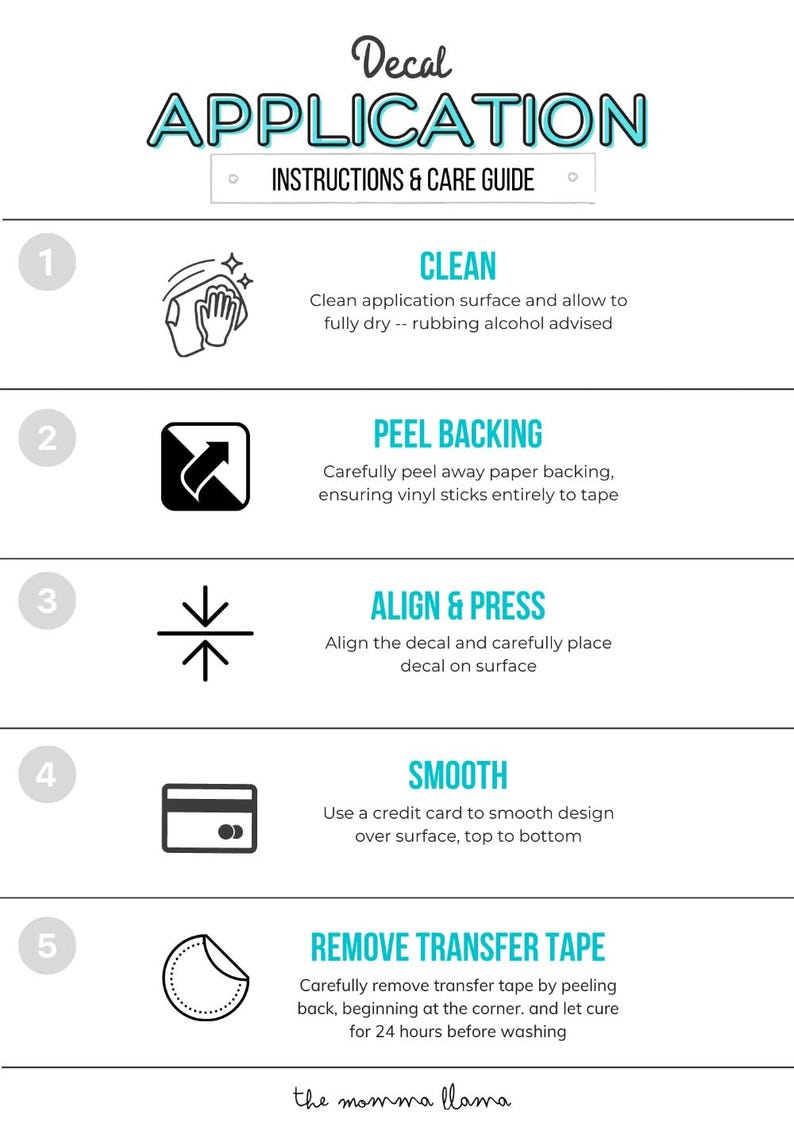 Puede incluir: Una gu&iacute;a de cinco pasos para aplicar calcoman&iacute;as, con ilustraciones e instrucciones para limpiar la superficie, despegar el respaldo, alinear y presionar la calcoman&iacute;a, alisar la calcoman&iacute;a y quitar la cinta de transferencia. El texto incluye la frase "the momma llama".