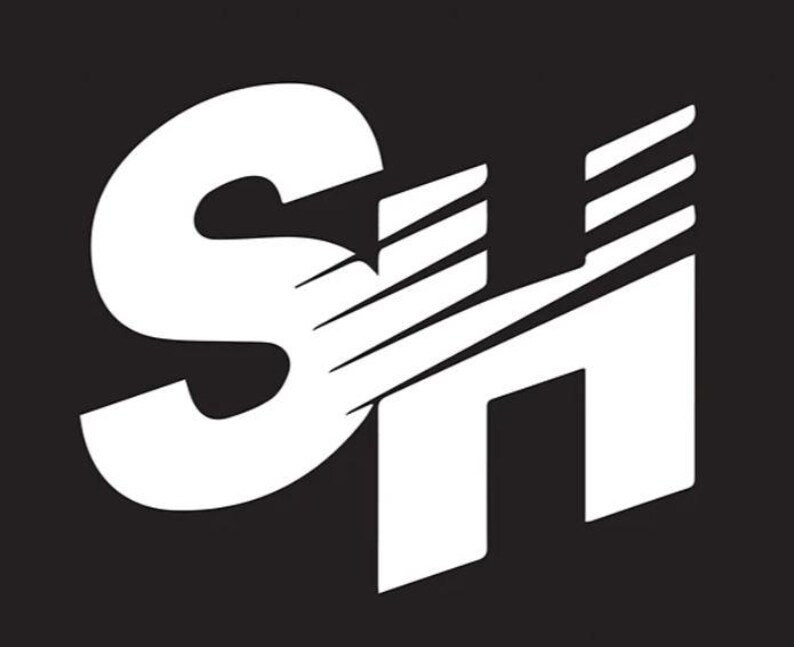 May include: White logo with the letters "SH" in a stylized font. The "S" is large and bold, while the "H" is smaller and has a diagonal line through it.