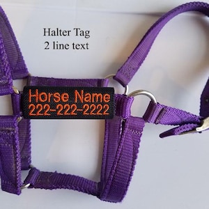 May include: Purple horse halter with a black tag that says "Horse Name 222-222-2222" in orange text.