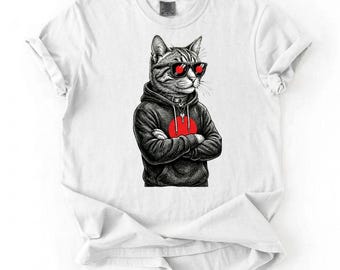 Komfort Farben Retro Catzilla T-Shirt, Japanische Katze Grafik T-Shirt, Sunset Cat Bekleidung