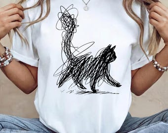 Abstrakte Katze Linie Kunst Shirt | Minimalistisches Sketch Animal Tee | Artsy Katzenliebhaber Geschenk