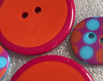 Coordinating Button set Hot Pink, Orange & Blue Polka Dots  Lot/4 buttons, Badge Reels Hat Buttons Scrapbooking Buttons Stackable buttons