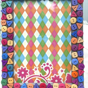 Colorful Shapes! Fun,Bright Colors Button embellished Picture Frame, Birthday, Cheerful friend gift, All Occasion, Unisex, Childs Room Gift