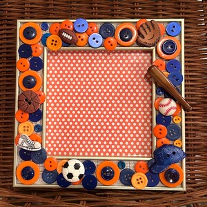 Sports themed button frame, All star sports Button Art, gift idea, Unique frame, Children&#39;s Frame in Bright Blue and Orange