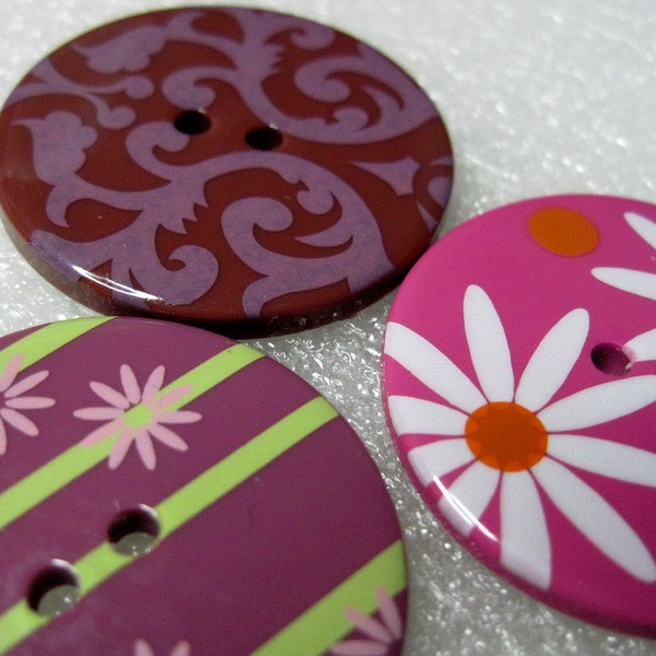 Plum Buttons Damask and Daisies Large Buttons Lot of 3