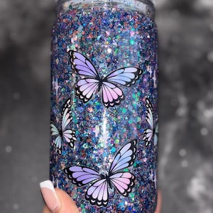 Butterfly Snowglobe Tumbler 16oz – Glitter Acrylic Cup with Straw & Lid | Cute Gift | Orange, Purple, Blue-Purple | Butterfly Cup Aesthetic