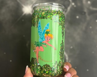 Coupe boule à neige inspirée de la fée clochette verte et dorée | Gobelet en acrylique 16 oz avec couvercle en paille