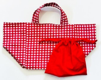Red and White gingham check tote bag with  small red drawstring bag