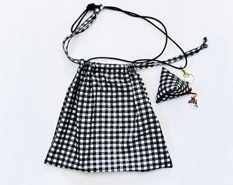 Black and White gingham check drawstring crossbody  bag with small tetra pouch