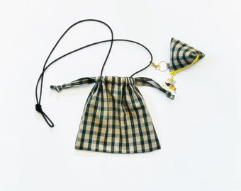 Gingham check Drawstring crossbody pouch with  tetra zipper pouch