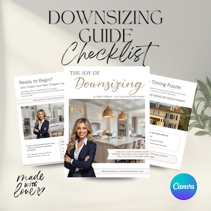 May include: A guide titled "Downsizing Guide Checklist" with the text "The Joy of Downsizing" and "Ready to Begin?" on separate pages. The guide features a woman in a blazer and a home interior. The Canva logo is in the bottom right.
