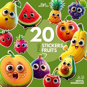20 Stickers Fruits - Stickers Numériques à Imprimer - Fichiers PNG avec et sans Contour - Planche de Stickers, Scrapbooking