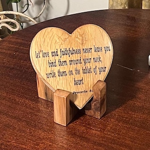 Engraved Wooden Heart Proverbs 3:3–Inspirational Bible Verse Décor-Handcrafted oak Scripture Gift-personal message on back-custom available