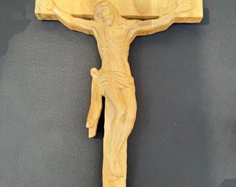 Hand Carved Wood Jesus on Cross: Christian Wall Decor, Religious Gift