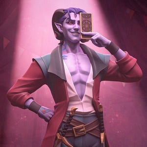 May include: A digital illustration of a purple-skinned character with horns, holding a card in front of their face. The character wears a red coat, white vest, and dark pants. Two swords are attached to a brown belt. The image has the text "PATREON" and "H3LL CREATOR".