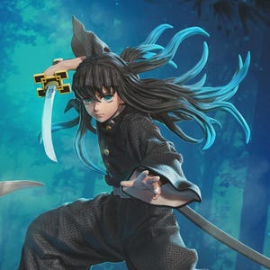 May include: A detailed figure of a character from an anime series, holding a katana. The figure is dressed in a dark outfit with long, flowing hair. The background is a gradient of blues. The figure is from Nom Nom Figures.