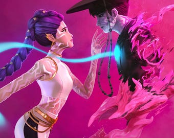 May include: A digital illustration of two figures facing each other, set against a vibrant pink background. One figure, with purple hair and a sword, is in a white and black outfit. The other figure is wearing a black hat and coat. The Nom Nom Figures logo is in the top left.