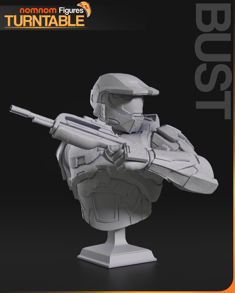 May include: A gray bust of a futuristic soldier holding a rifle. The bust is mounted on a square base. The word "BUST" is printed vertically on the right side of the image. The top left corner of the image has the words "nomnom Figures TURNTABLE".