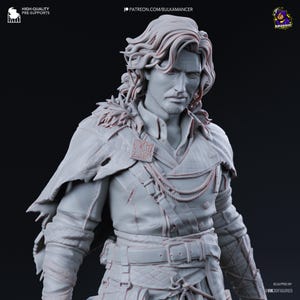 May include: A detailed, gray 3D-printed figure of a man in medieval-style clothing. The figure has long, wavy hair and is wearing a textured jacket with a rope detail. The figure is sculpted by Vik3dFigures.