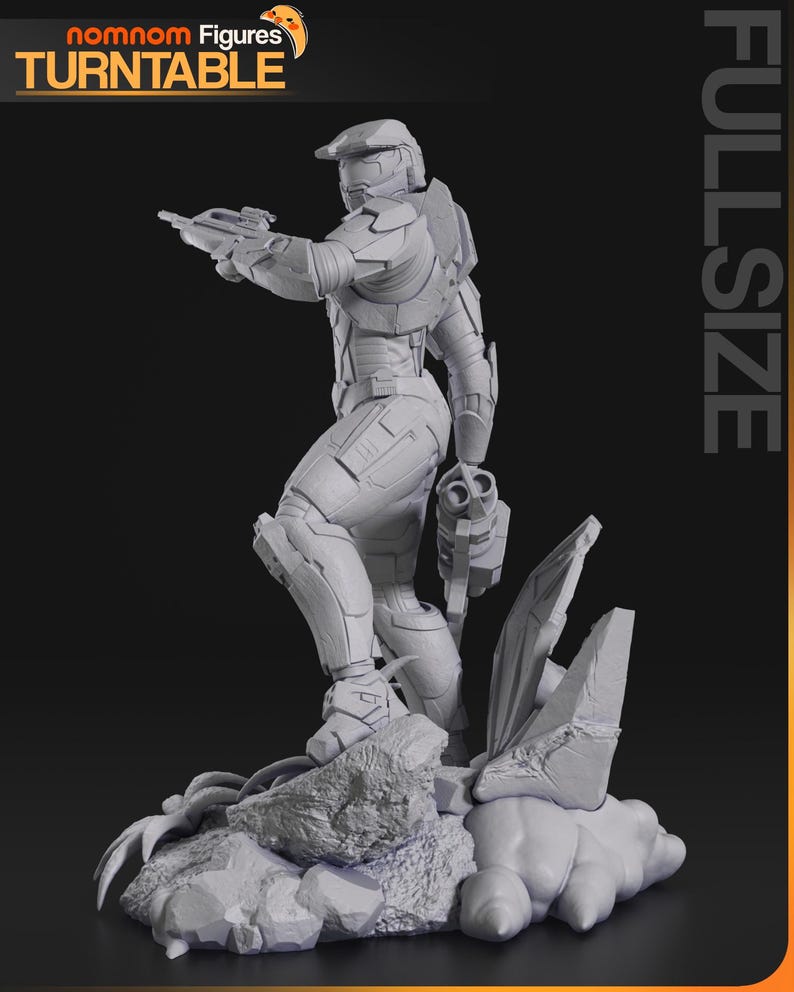 May include: A gray, full-size figurine of a futuristic soldier, holding a weapon and standing on a rocky base. The figurine is detailed with armor plating and a helmet. The words "nomnom Figures TURNTABLE" are in the top left corner.