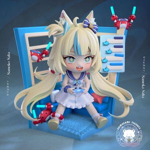 May include: A chibi-style figurine of a character with blonde hair and cat ears, wearing a white sailor-style dress, holding a blue game controller. The figure sits on a blue couch with red crab-like creatures holding light sticks nearby.