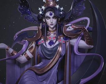 May include: A detailed 3D render of a regal figure in a flowing purple gown, adorned with gold accents and celestial-themed headwear. The figure has dark hair and a stern expression. The background is a starry night sky. The image includes text that reads "HIGH-QUALITY PRE-SUPPORTS" and "PATREON.COM/BULKAMANCER".