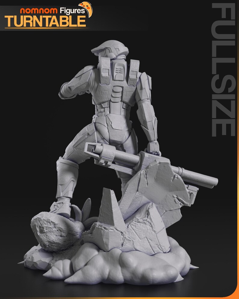 May include: A gray, full-size action figure of a futuristic soldier holding a large weapon, standing on a rocky base. The figure is detailed with armor and a helmet. The image includes the text "nomnom Figures TURNTABLE" and "FULLSIZE".