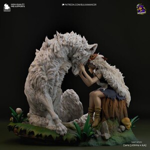 May include: A white wolf sculpture with a girl sitting on a tree stump. The girl is wearing a white fur cloak and has her hand on the wolf's head. The sculpture is made of a white material and has a realistic texture.