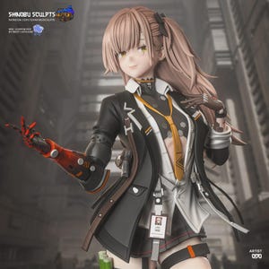 May include: A detailed figurine of a female anime character with long, light brown hair and yellow eyes. She wears a black and white jacket with a yellow tie, a skirt, and a red and black robotic arm. The figurine is set against a blurred urban background.