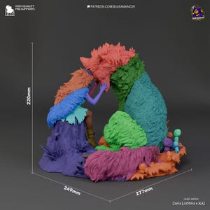 May include: A 3D printed model of a woman with a fox, a mushroom, and other small creatures. The model is painted in various colors, including pink, green, blue, and purple. The model is 220mm tall, 249mm wide, and 277mm deep.