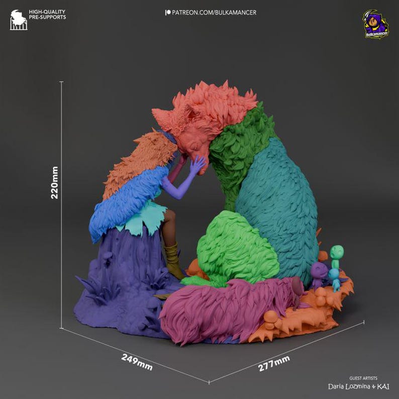 May include: A 3D printed model of a woman with a fox, a mushroom, and other small creatures. The model is painted in various colors, including pink, green, blue, and purple. The model is 220mm tall, 249mm wide, and 277mm deep.