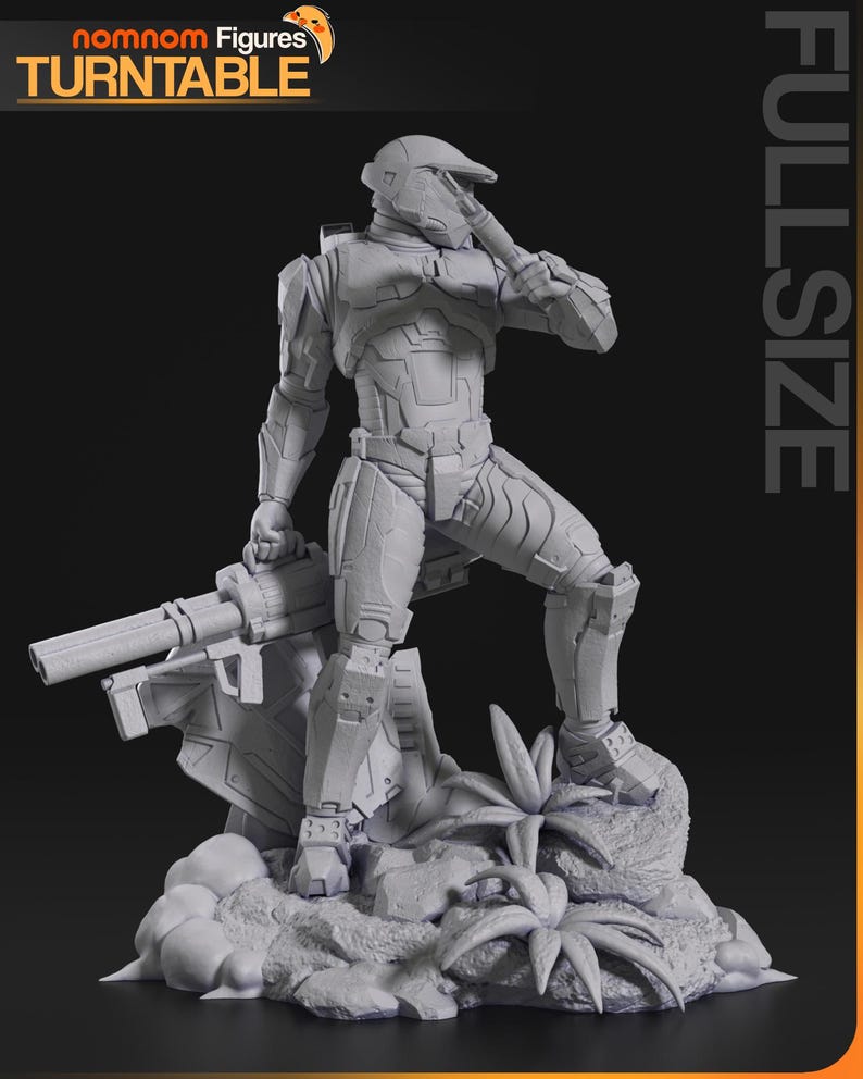 May include: A gray, full-size figurine of a futuristic soldier holding a rifle, standing on a rocky base with foliage. The figurine is detailed with armor and a helmet. The words "nomnom Figures TURNTABLE" are in the top left.