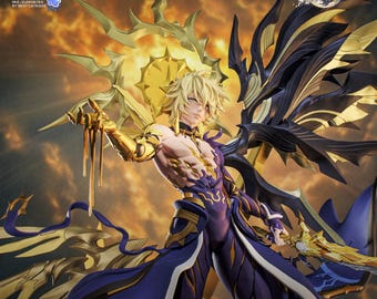 May include: A detailed figurine of a male character from Honkai Star Rail. The figure has blonde hair, a muscular physique, and is clad in a blue and purple outfit with gold accents. The figure has large wings and is holding a golden weapon. The background is a fiery orange.
