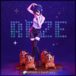 May include: A collectible anime-style figure of a character with dark blue hair, wearing a white collared shirt, black shorts, and black thigh-high socks. The figure stands on a platform surrounded by four small orange creatures with chainsaw blades.